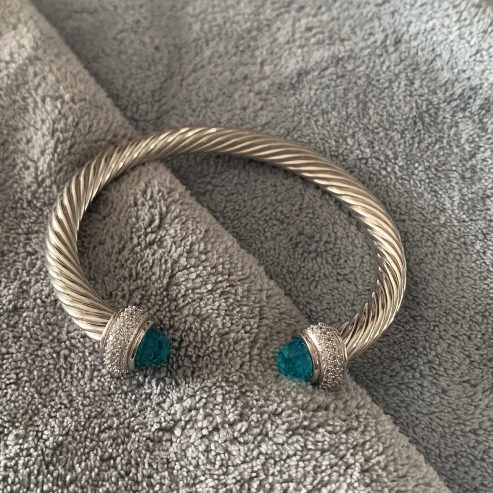 David Yurman Silver Cable Bracelet with Blue Topaz Terminals - Picture 10 of 10
